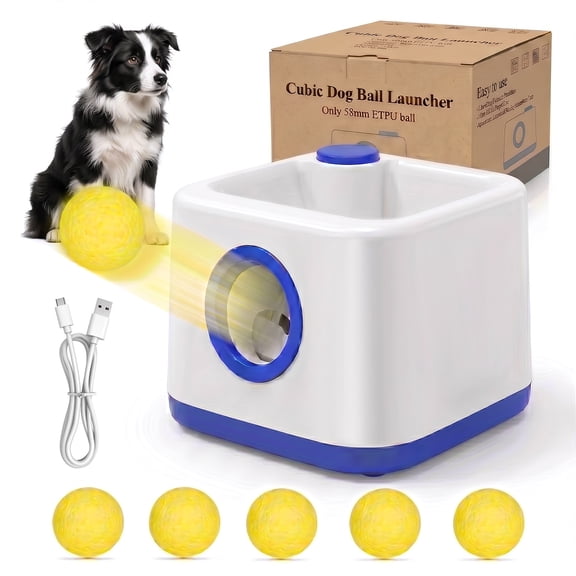 SHANNA Automatic Ball Launcher, 3 Distance Dog Fetch Machine for Small & Medium Dogs, Ball Thrower Interactive Dog Toy with 5 Balls (Blue)