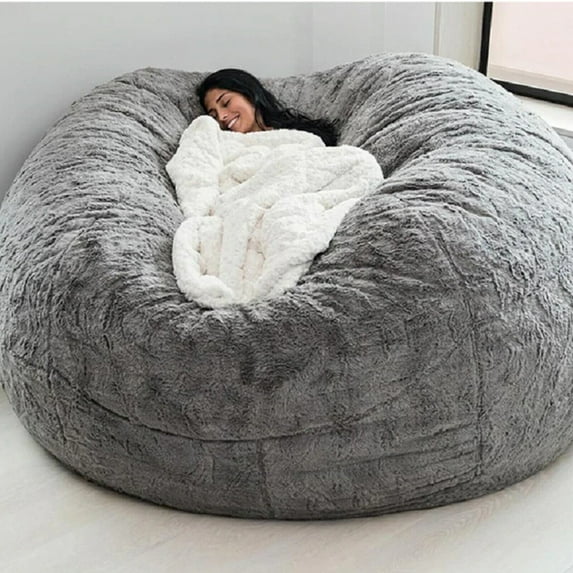 SHANNA Bean Bag Chair Cover Lazy Sofa Cover Round Soft Fluffy Faux Fur BeanBag Cover, 6FT, Light Grey
