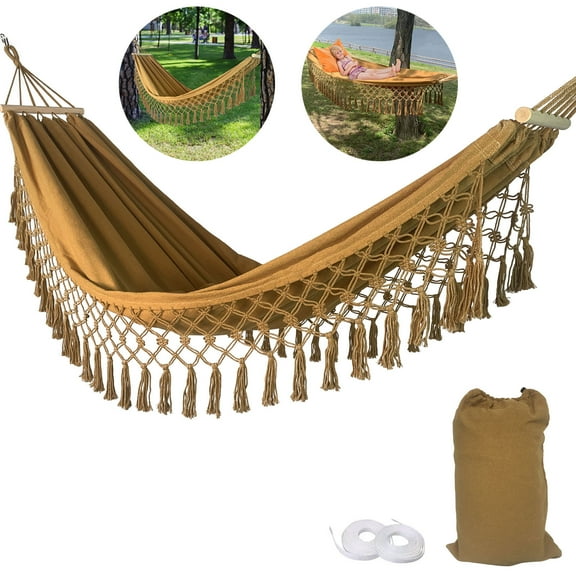 SHANNA Boho Hammock Camping Tassel Hammock for Patio, Yard, Beach Wedding Decor, Outdoor and Indoor, Hanging Hammock Swing,Camel