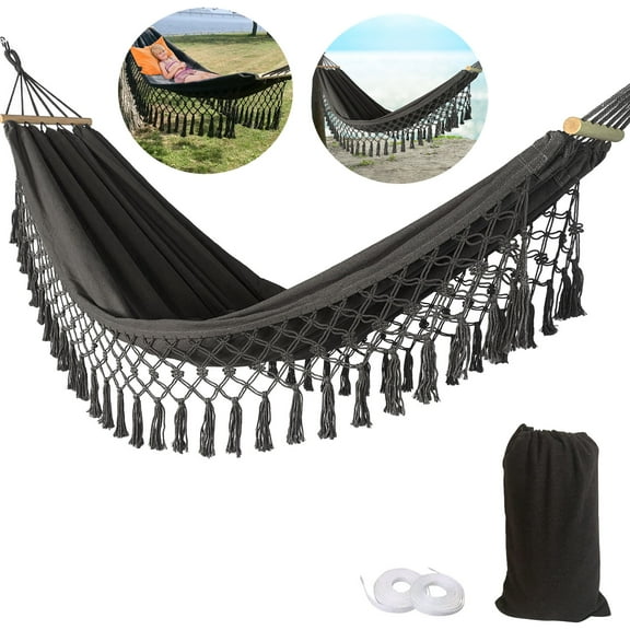 SHANNA Boho Hammock Camping Tassel Hammock for Patio, Yard, Beach Wedding Decor, Outdoor and Indoor, Hanging Hammock Swing,Gray