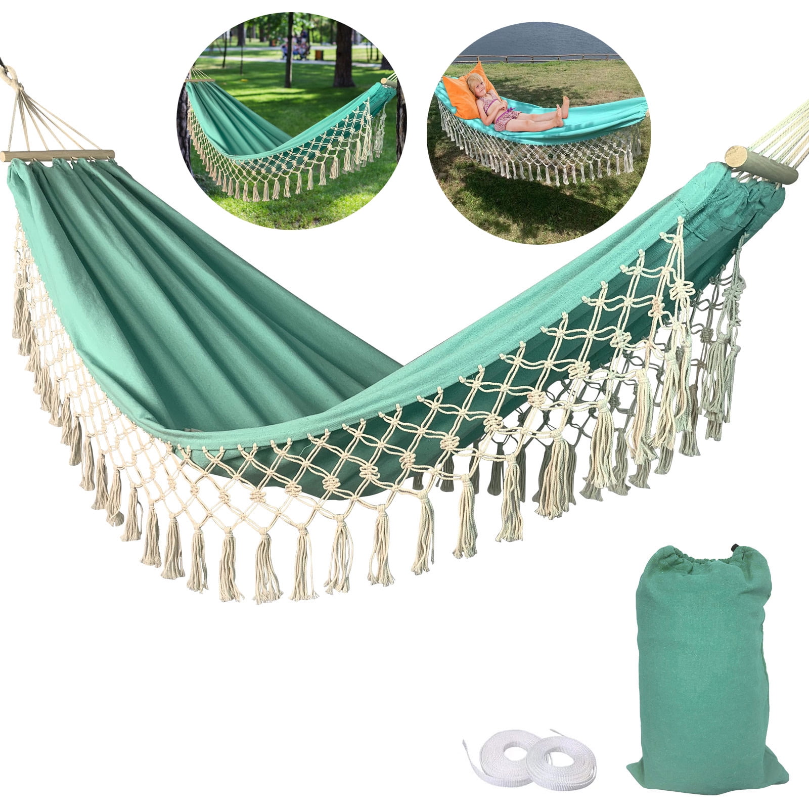 SHANNA Boho Hammock Camping Tassel Hammock for Patio, Yard, Beach Wedding Decor, Outdoor and Indoor, Hanging Hammock Swing,Green