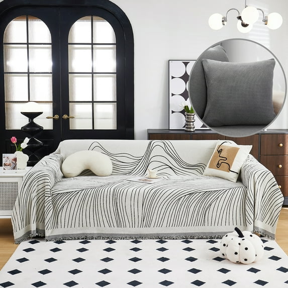 SHANNA Chenille Couch Covers, Boho Sofa Throw Blanket with Tassel, Sectional Sofa Covers for 3 Cushion Couch Geometric Futon Couch Slipcover