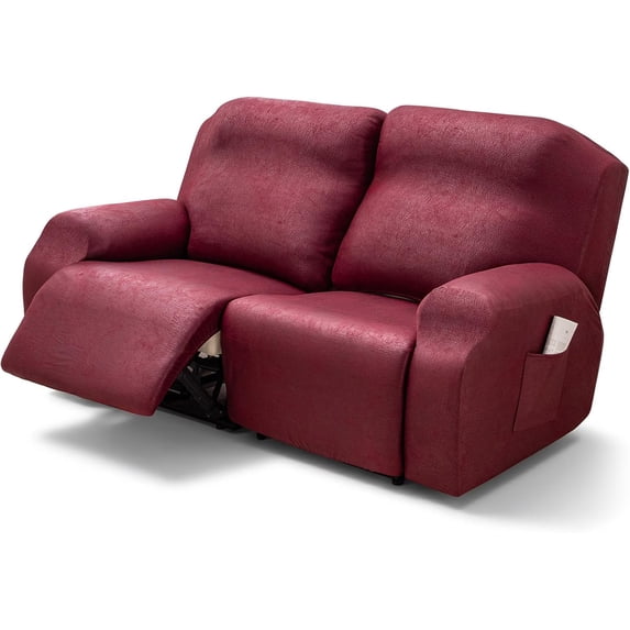 SHANNA Faux Leather Recliner Chair Covers, 4-Piece Stretch Reclining Sofa Slipcovers with Pocket, Washable Furniture Protector (Burgundy, 2 Seater)