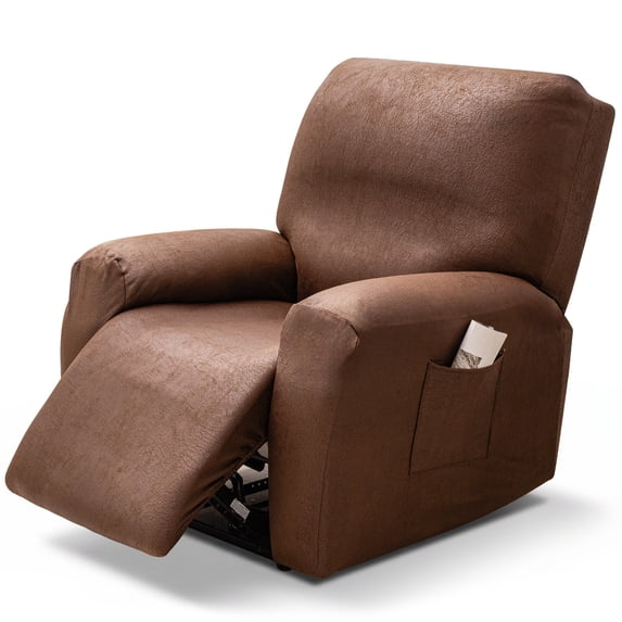 SHANNA Faux Leather Recliner Chair Covers, 4-Piece Stretch Reclining Sofa Slipcovers with Pocket, Washable Furniture Protector (Coffee, 1 Seater)