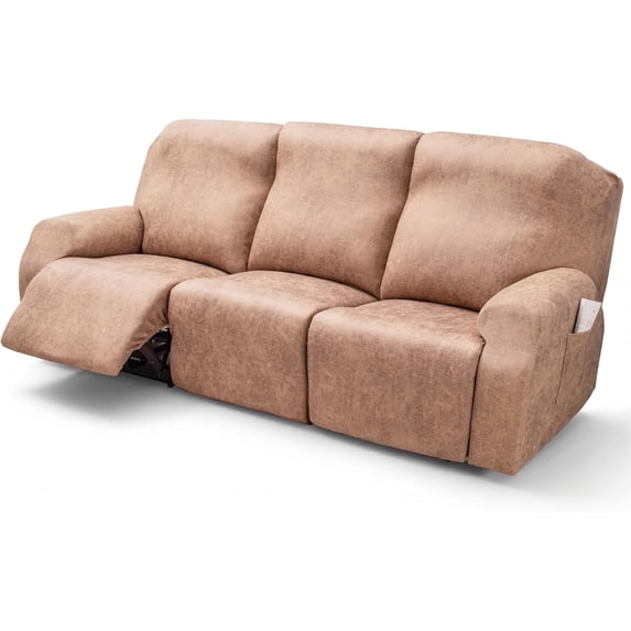SHANNA Faux Leather Recliner Chair Covers, 4-Piece Stretch Reclining Sofa Slipcovers with Pocket, Washable Furniture Protector (Tan, 3 Seater)