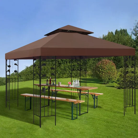 SHANNA Gazebo Replacement Canopy Roof, 10' x 10' Outdoor Waterproof BBQ Gazebo Canopy Top Cover, Brown, Double Roof
