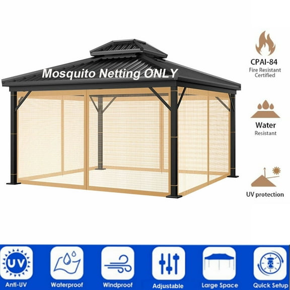 SHANNA Gazebo Universal Replacement Mosquito Netting 10' x 12' Outdoor Mesh Netting Screen 4-Panel Sidewall Curtain with Zipper,Brown