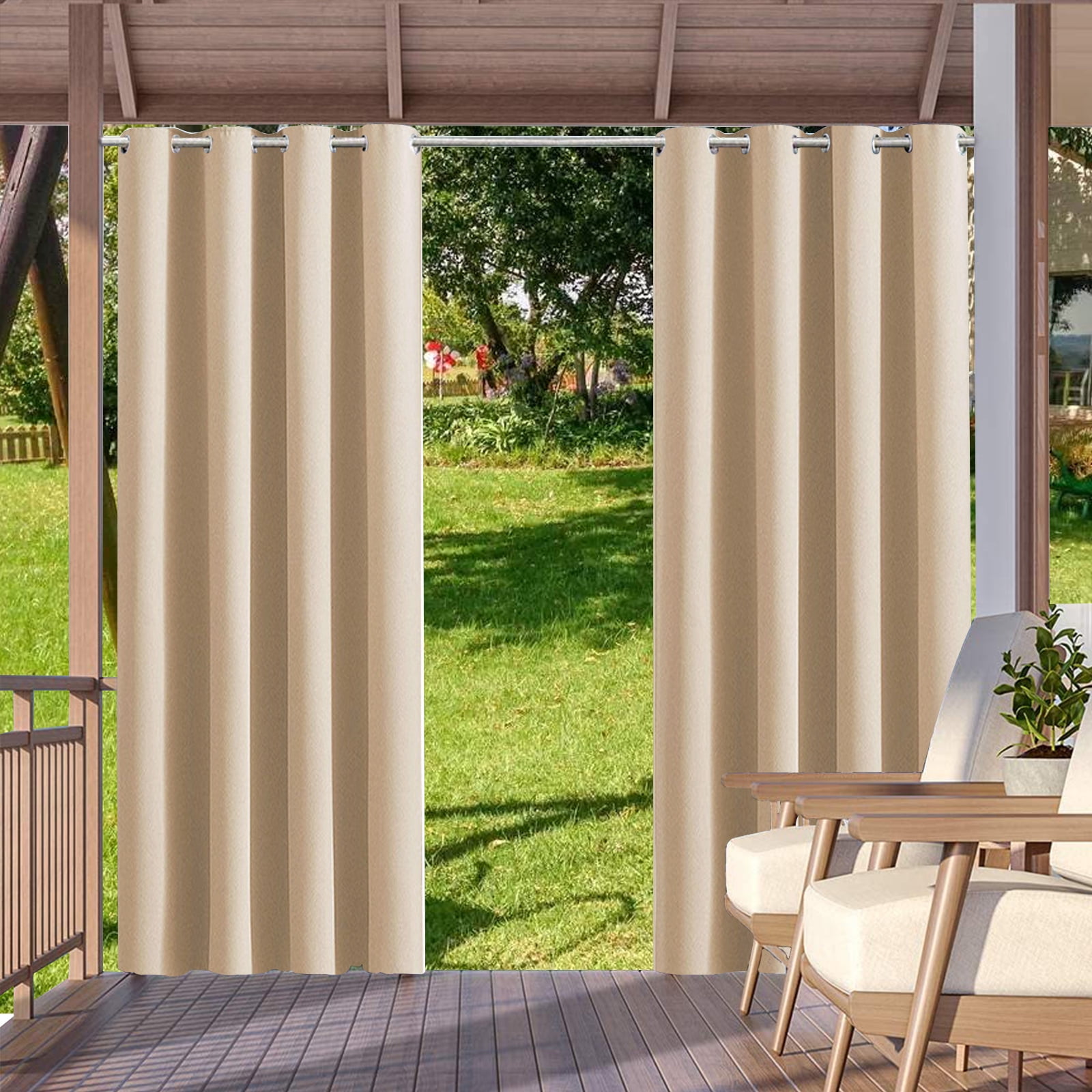 SHANNA Indoor/Outdoor Curtains - Grommet Top Waterproof Windproof Privacy Blackout Drapes for Garden Porch Gazebo Patio, Beige Yellow, 52*108 in, 2 Panel