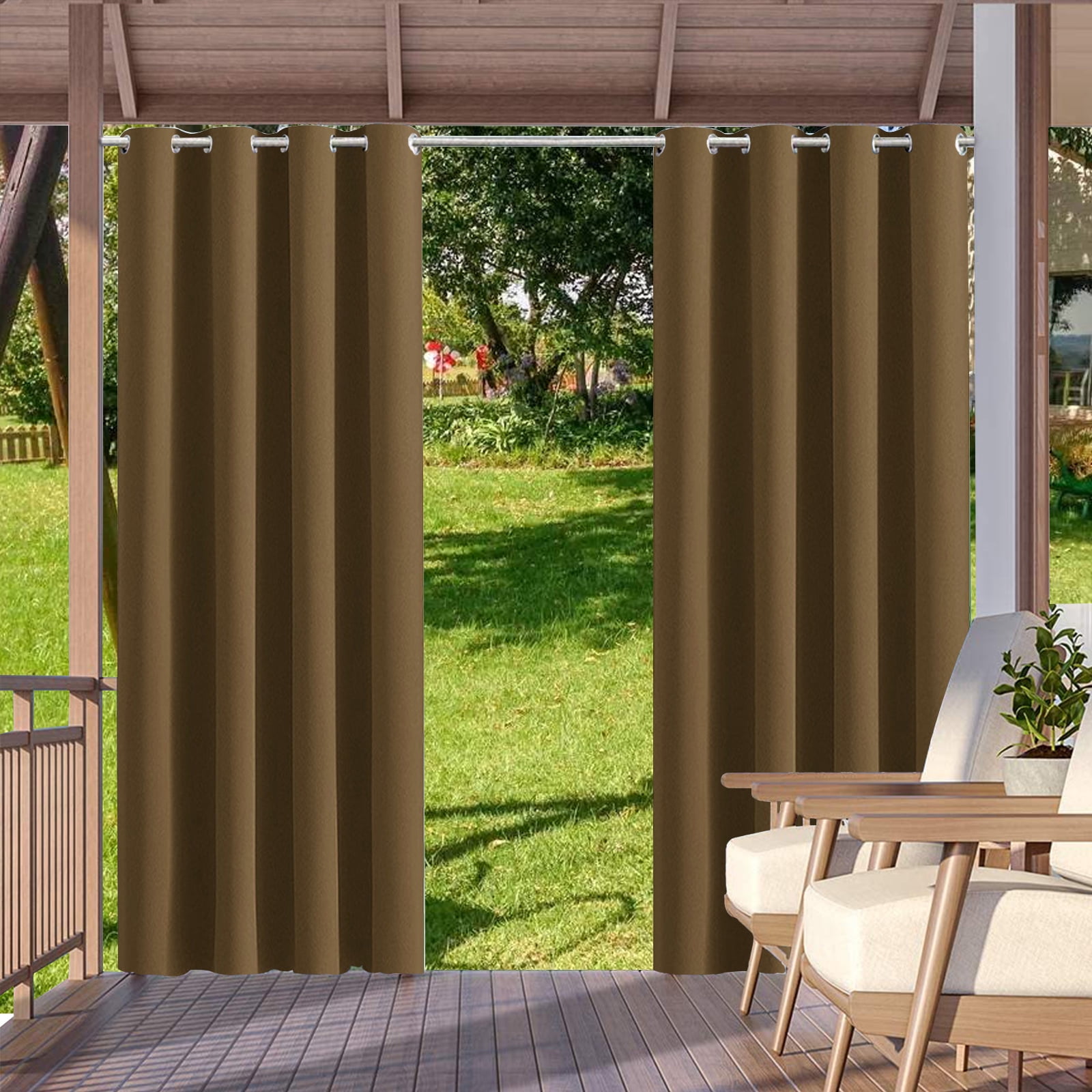 SHANNA Indoor/Outdoor Curtains - Grommet Top Waterproof Windproof Privacy Blackout Drapes for Garden Porch Gazebo Patio, Brown, 52*108 in, 4 Panel