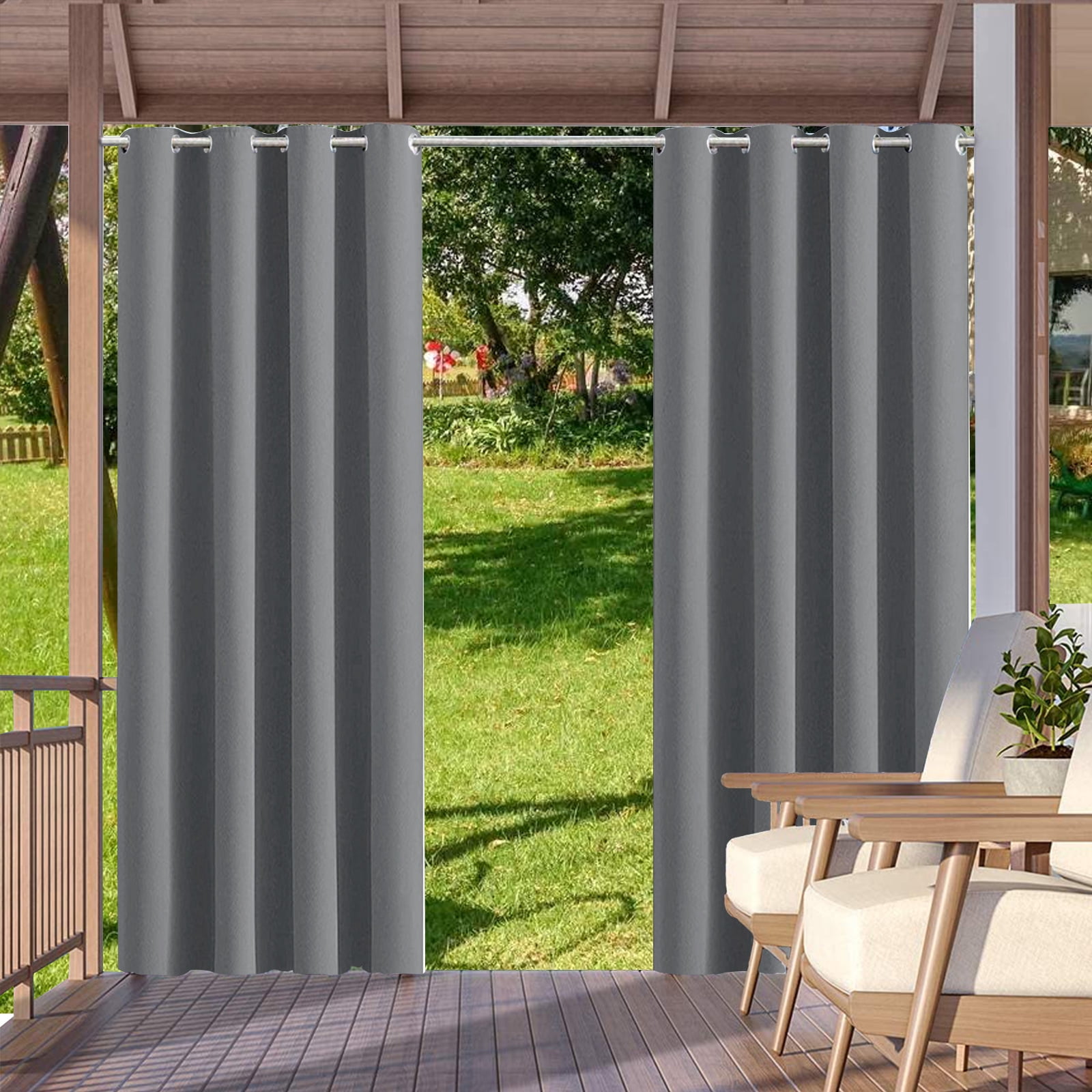 SHANNA Indoor/Outdoor Curtains - Grommet Top Waterproof Windproof Privacy Blackout Drapes for Garden Porch Gazebo Patio, Gray, 52*84 in, 2 Panel