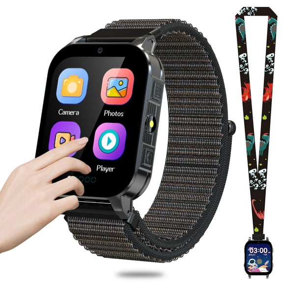 SHANNA Kids Smart Watch for Boys Girls Aged 4-12, 1.83'' HD Touch Screen with 30 Games and 140 Learning Cards, Music Player Camera Pedometer Story Telling, Black
