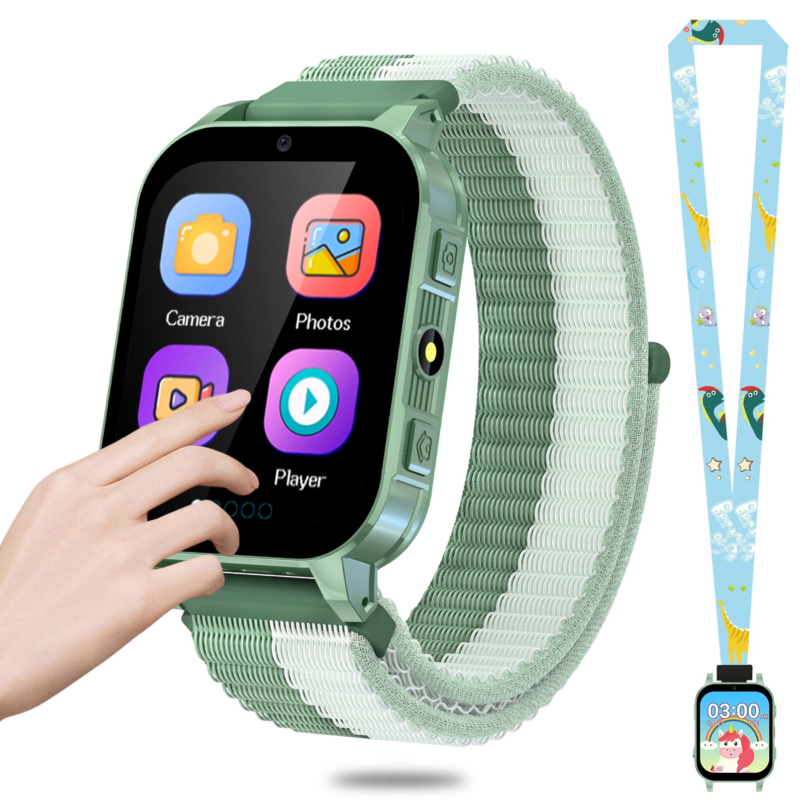 SHANNA Kids Smart Watch for Boys Girls Aged 4-12,  1.83'' HD Touch Screen with 30 Games and 140 Learning Cards, Music Player Camera Pedometer Story Telling, Green