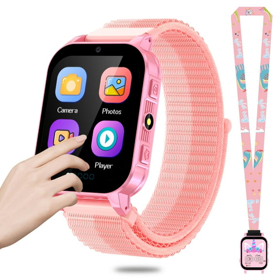 SHANNA Kids Smart Watch for Boys Girls Aged 4-12, 1.83'' HD Touch Screen with 30 Games and 140 Learning Cards, Music Player Camera Pedometer Story Telling, Pink