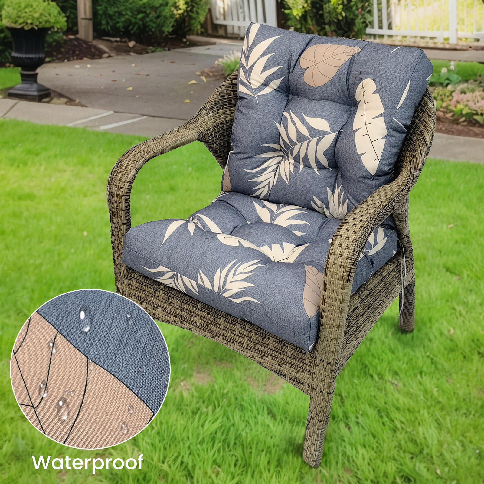SHANNA Outdoor Chair Cushions, 2 Pack Tufted Thicken Waterproof Patio Chair Pad Wicker Chair Seat Cushion with Non-Slip Ties for Outdoor Furniture, Gray Leaves