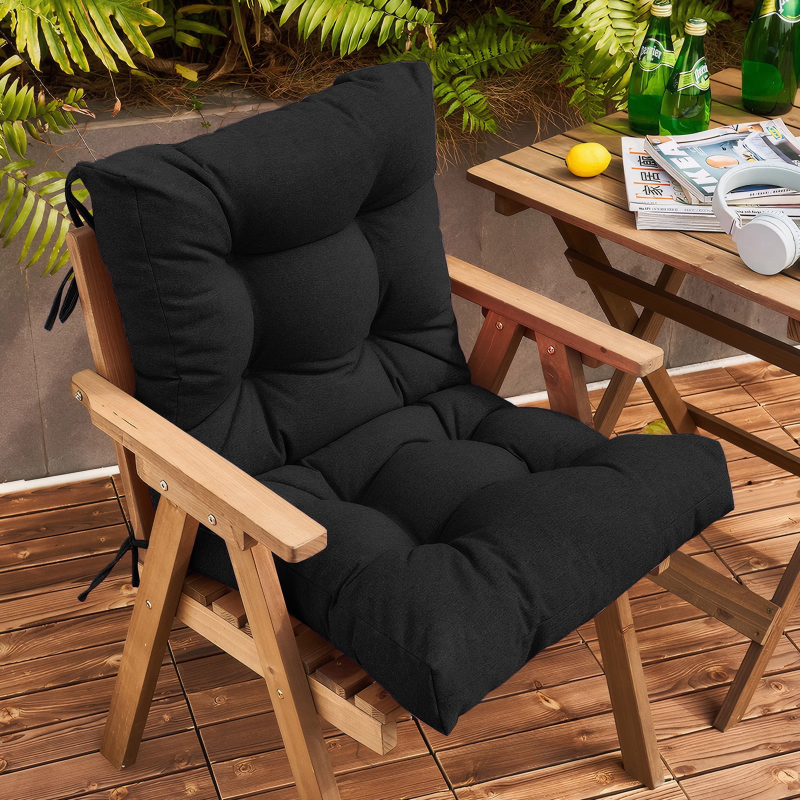 SHANNA Outdoor Chair Cushions, 4 Pack Tufted Thicken Waterproof Patio Chair Pad Wicker Chair Seat Cushion with Non-Slip Ties for Outdoor Furniture, Black