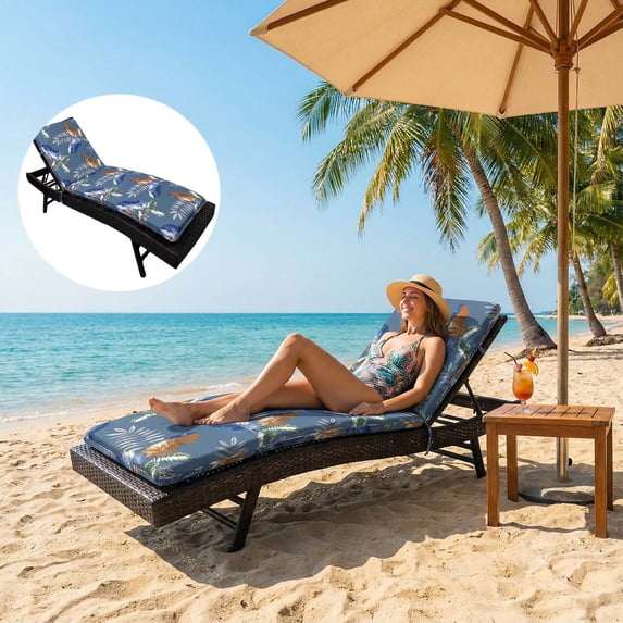 SHANNA Outdoor Chaise Lounge Chair Cushion Waterproof Sun Lounger Replacement Cushions with Tie for Patio Pool, 76x12.8x2.4in, Blue Leaves, 1 Pack