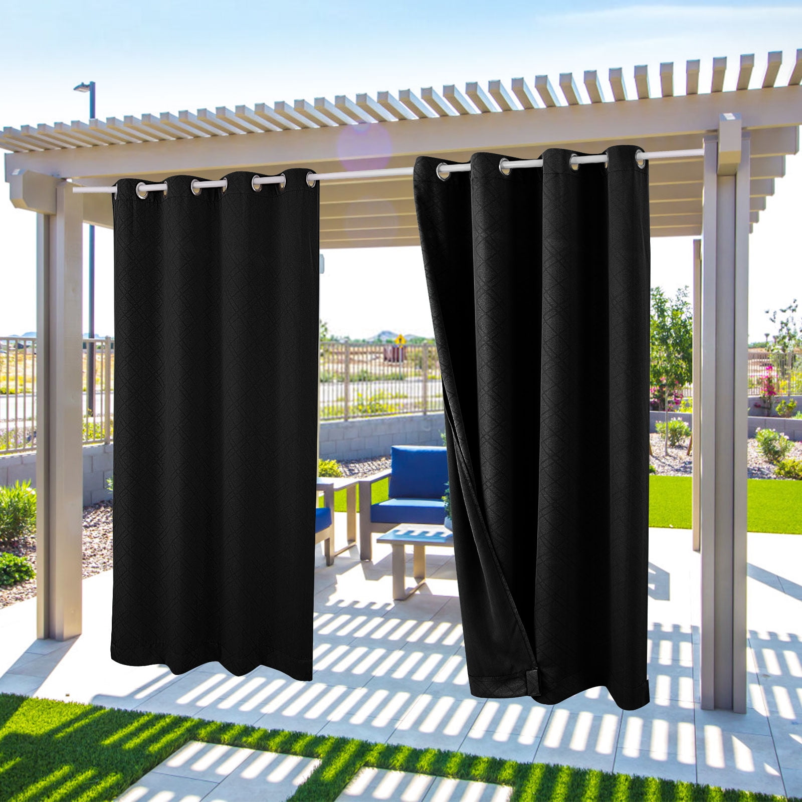 SHANNA Outdoor Curtains, Waterproof Windproof UV Protection Blackout Curtains with Eyelets, 3D Textured Pattern for Garden, Pergola, Balcony, Black, 52 X 84 inch