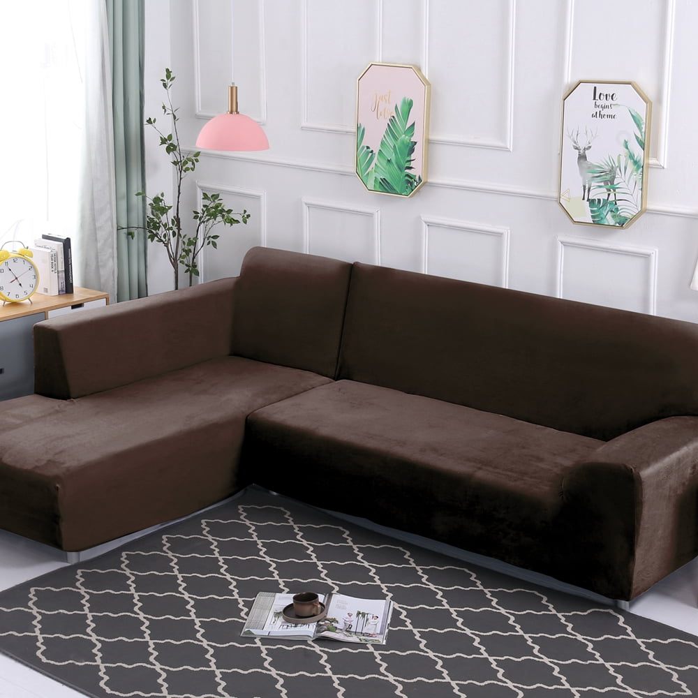 SHANNA Plush L Shape Sectional Couch Covers, Stretch Thick Velvet Sofa Furniture Protector Anti-Slip Sofa Covers (L-shape 2 Seater+2 Seater,Coffee)