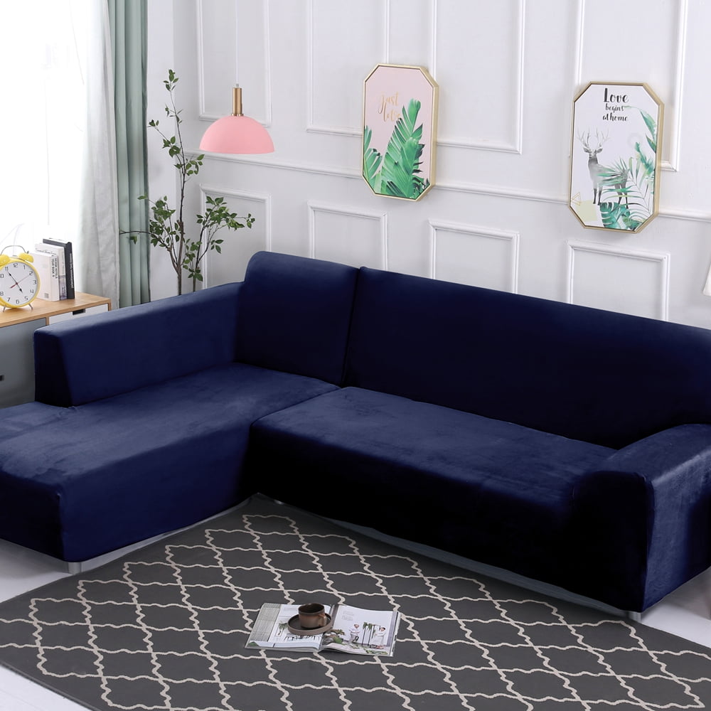 SHANNA Plush L Shape Sectional Couch Covers, Stretch Thick Velvet Sofa Furniture Protector Anti-Slip Sofa Covers (L-shape 2 Seater+2 Seater,Navy)
