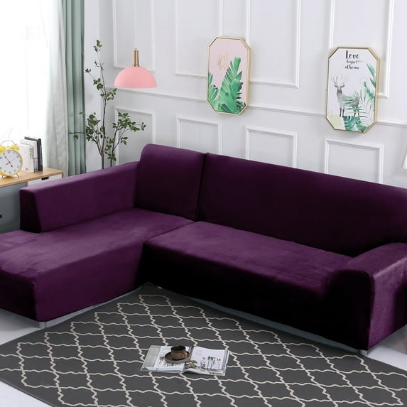 SHANNA Plush L Shape Sectional Couch Covers, Stretch Thick Velvet Sofa Furniture Protector Anti-Slip Sofa Covers (L-shape 2 Seater+2 Seater,Purple)