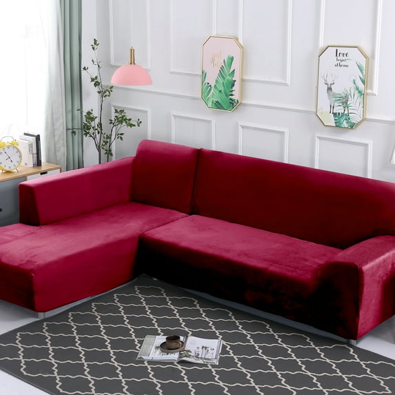 SHANNA Plush L Shape Sectional Couch Covers, Stretch Thick Velvet Sofa Furniture Protector Anti-Slip Sofa Covers (L-shape 3 Seater+3 Seater,Burgundy)