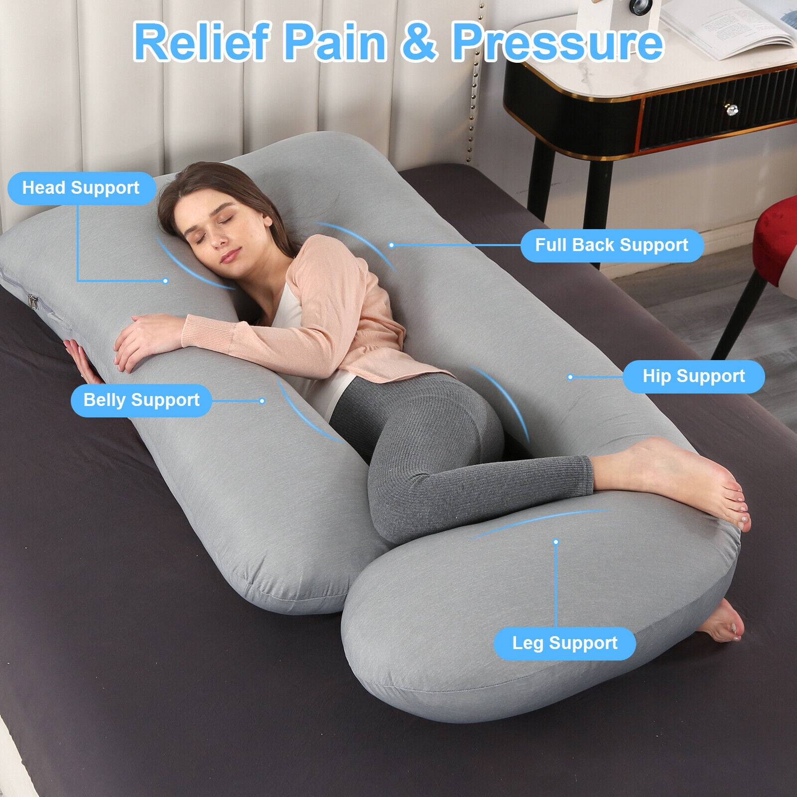 SHANNA Pregnancy Pillows, J-Shape Full Body Pillow – Removable Cooling Cover - Pregnancy Pillows for Sleeping – Body Pillows for Adults, Maternity Pillow and Pregnancy Must Haves, Grey