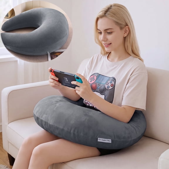 SHANNA Reading Gaming Support Pillow, U-Shape Arm Rest Pillow, Ergonomic Portable Lap Support Pillow with Washable Velvet Cover, Dark Gray