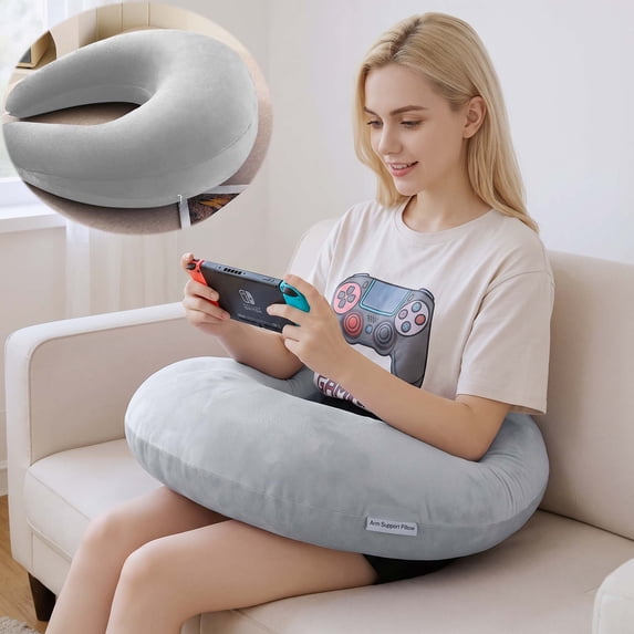 SHANNA Reading Gaming Support Pillow, U-Shape Arm Rest Pillow, Ergonomic Portable Lap Support Pillow with Washable Velvet Cover, Gray