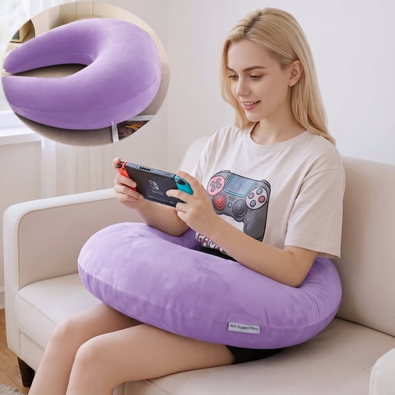 SHANNA Reading Gaming Support Pillow, U-Shape Arm Rest Pillow, Ergonomic Portable Lap Support Pillow with Washable Velvet Cover, Purple