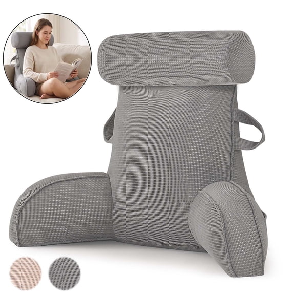 SHANNA Reading Pillow Extra Large Bed Rest Pillow with Arms Detachable Neck Roll Memory Foam Back Support for Gaming Relaxing, Gray