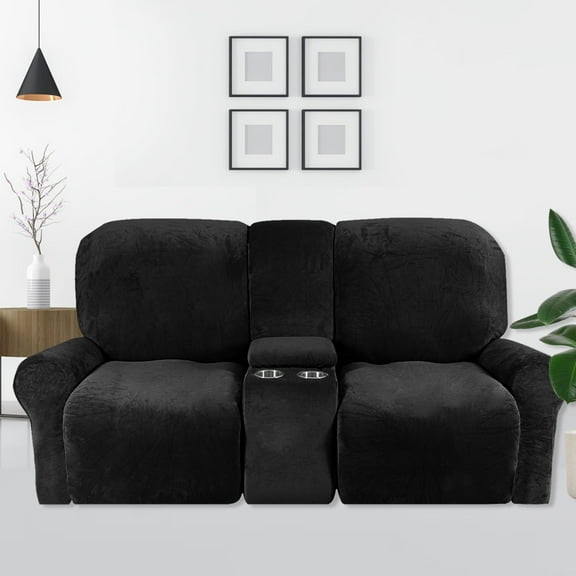 SHANNA Reclining Loveseat Cover with Middle Console Slipcover, 8-Piece Velvet Stretch 2-Seater Recliner Sofa Covers,Black