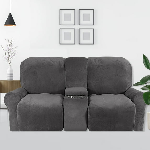 SHANNA Reclining Loveseat Cover with Middle Console Slipcover, 8-Piece Velvet Stretch 2-Seater Recliner Sofa Covers,Gray