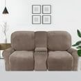 thumbnail image 1 of SHANNA Reclining Loveseat Cover with Middle Console Slipcover, 8-Piece Velvet Stretch 2-Seater Recliner Sofa Covers,Khaki, 1 of 12