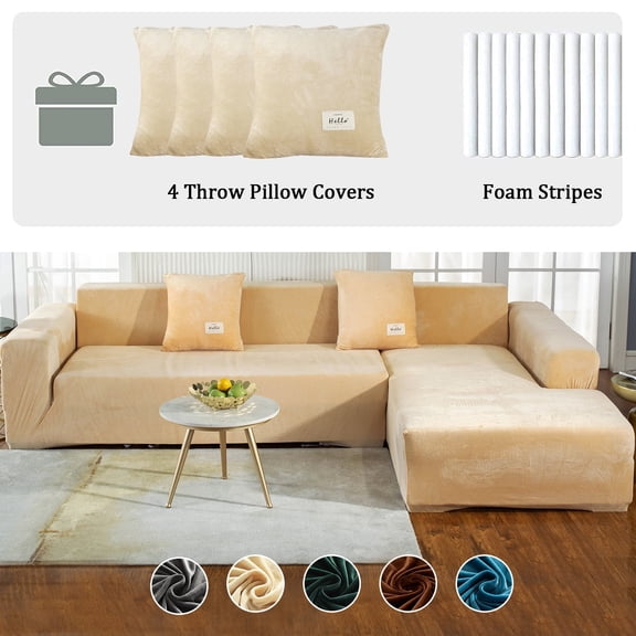 SHANNA Sectional Sofa Covers 2Pcs Stretch Velvet L Shape Couch Slipcovers 3 Seater+4 Seater Sofa Furniture Protector with 4pcs Pillow Covers,Beige