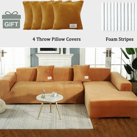 SHANNA Sectional Sofa Covers 2Pcs Stretch Velvet L Shape Couch Slipcovers 3 Seater+4 Seater Sofa Furniture Protector with 4pcs Pillow Covers,Orange