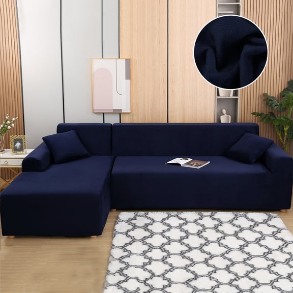 SHANNA Sectional Sofa Slipcovers Thick Velvet L Shape Couch Covers, 2Pcs Stretch Anti-Slip Sofa Covers 3 Seater + 3 Seaters Chaise Cover Furniture Protector,Navy Blue
