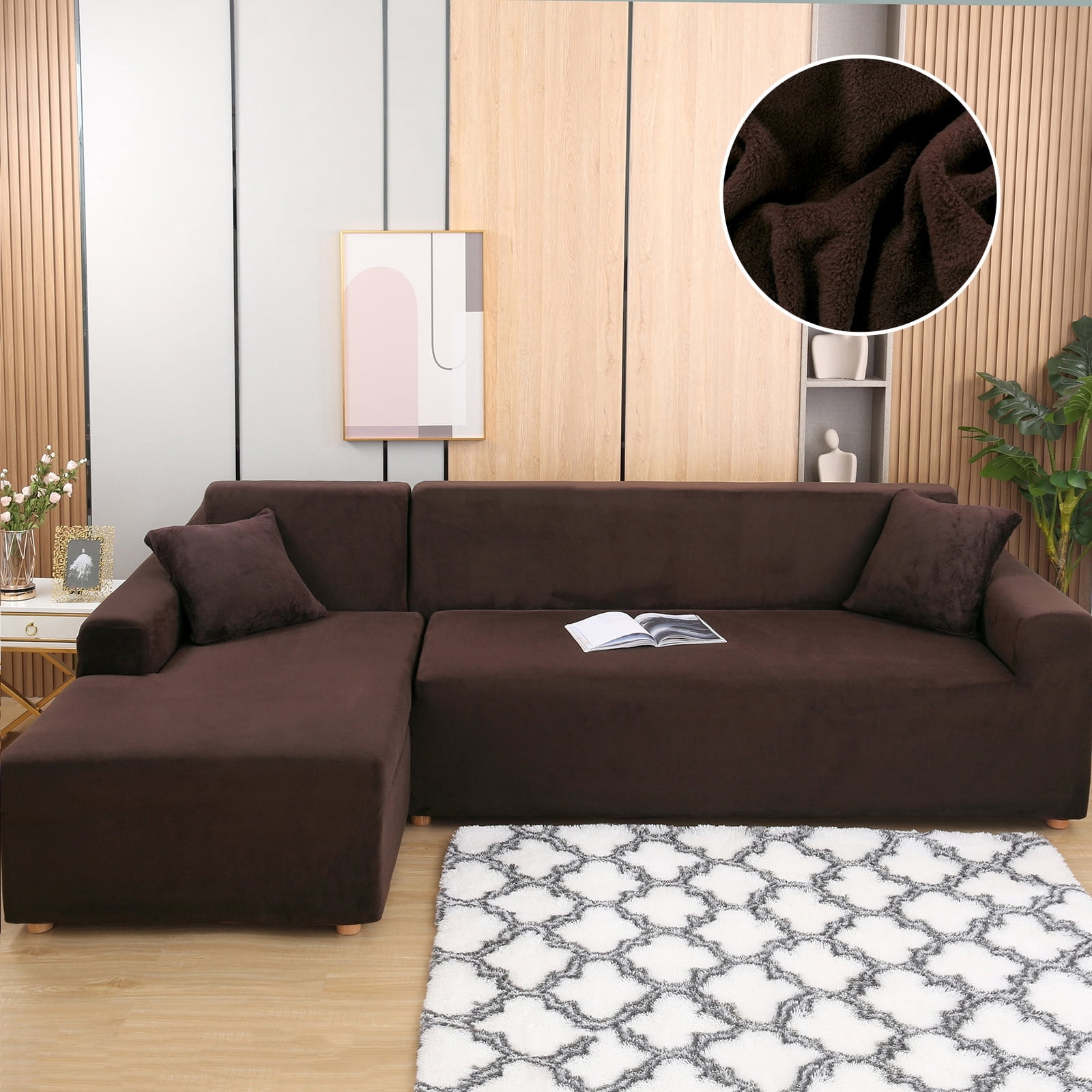SHANNA Sectional Sofa Slipcovers Thick Velvet L Shape Couch Covers, 2Pcs Stretch Anti-Slip Sofa Covers 3 Seater + 3 Seaters Chaise Cover Furniture Protector,Brown