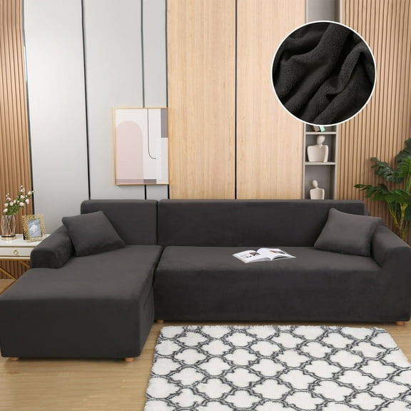 SHANNA Sectional Sofa Slipcovers Thick Velvet L Shape Couch Covers, 2Pcs Stretch Anti-Slip Sofa Covers 3 Seater + 3 Seaters Chaise Cover Furniture Protector,Dark Gray