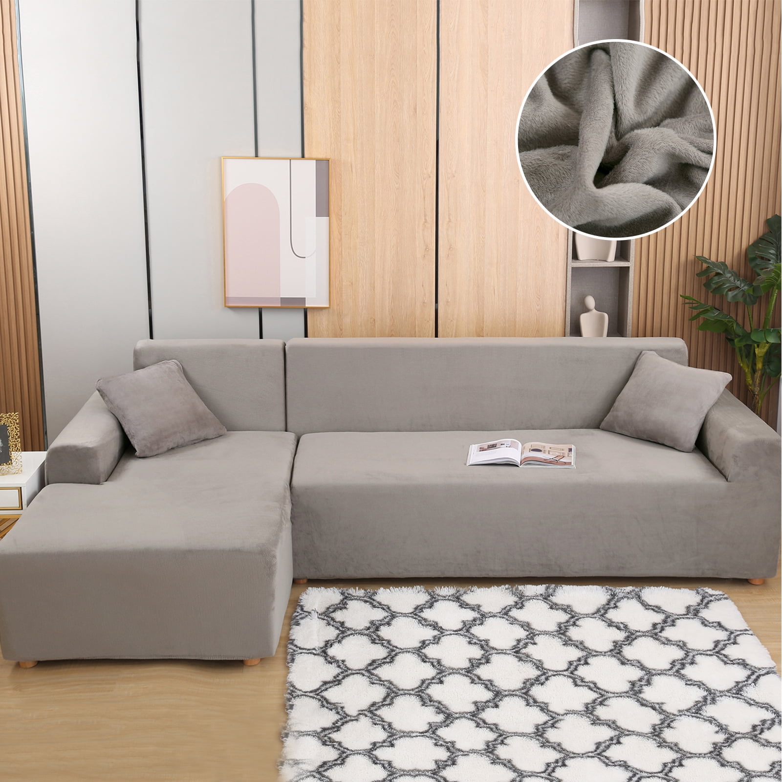 SHANNA Sectional Sofa Slipcovers Thick Velvet L Shape Couch Covers, 2Pcs Stretch Anti-Slip Sofa Covers 3 Seater + 3 Seaters Chaise Cover Furniture Protector,Light Gray