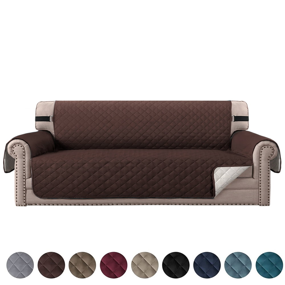SHANNA Sofa Covers for 3 Cushion Couch, Water Repellent Reversible Quilted Sofa Slipcovers, Non Slip Sofa Covers 3 Seater, Furniture Protector with Elastic Strap for Pets Kids Dog Cat, Brown,3-Seater