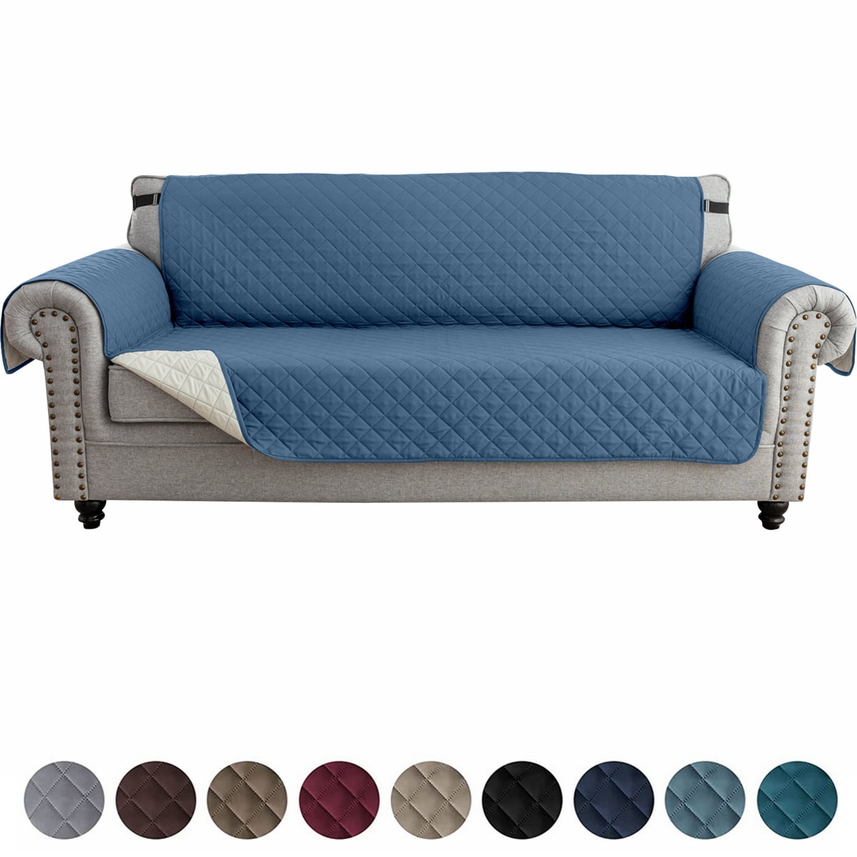 SHANNA Sofa Covers for 3 Cushion Couch, Water Repellent Reversible Quilted Sofa Slipcovers, Non Slip Sofa Covers 3 Seater, Furniture Protector for Pets Kids Dog Cat, Berlin Blue,3-Seater