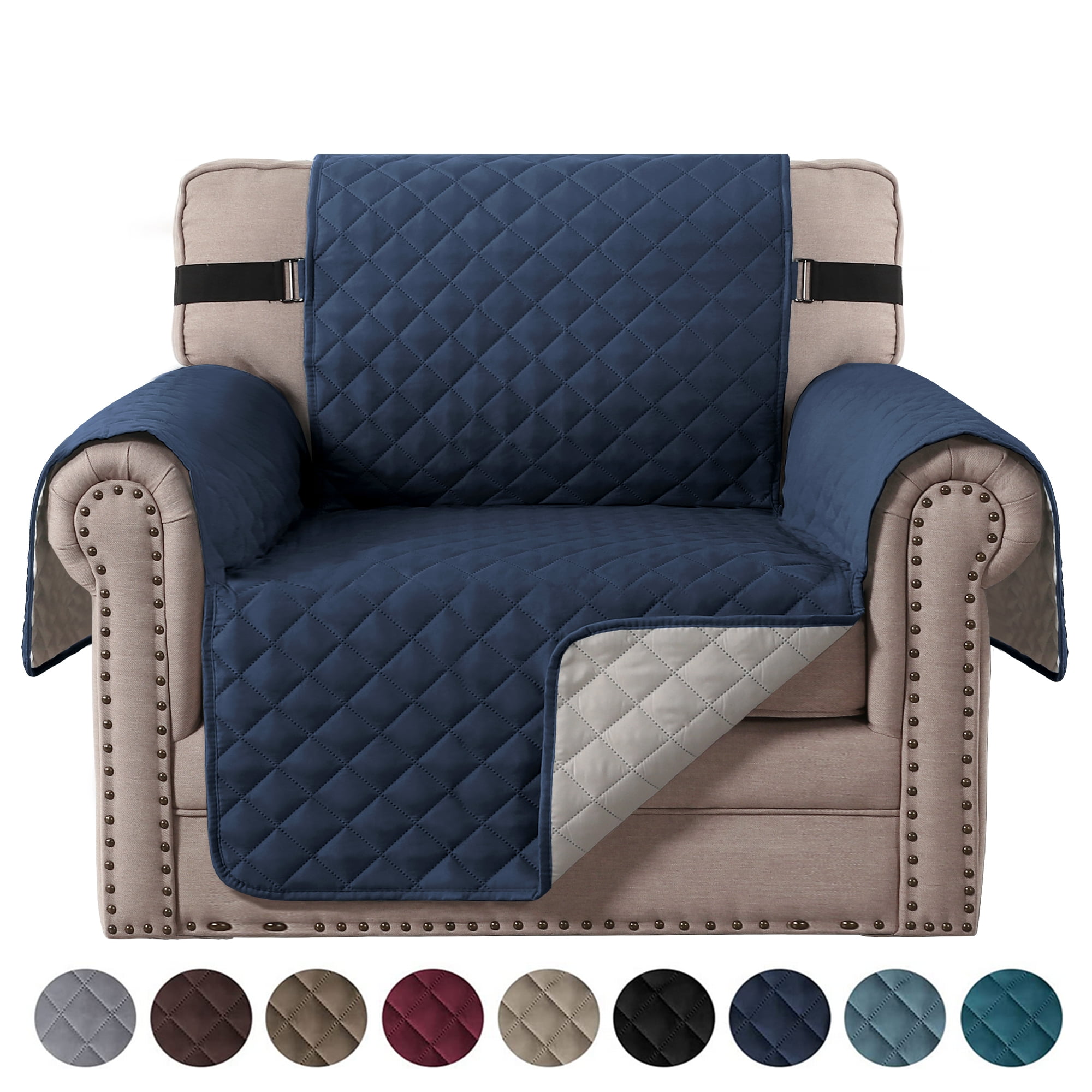 SHANNA Sofa Covers for Armchair, Water Repellent Reversible Quilted Sofa Slipcovers, Non Slip Sofa Covers 1 Seater, Furniture Protector with Elastic Strap for Pets Kids Dog Cat, Navy Blue, 1-Seater