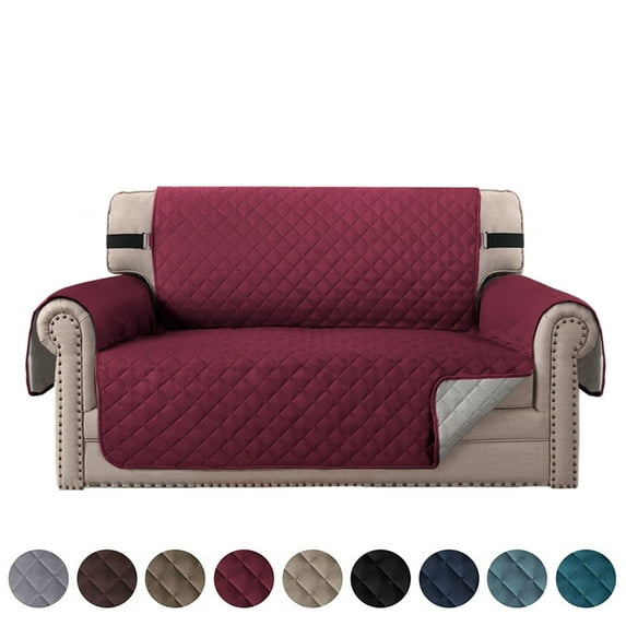 SHANNA Sofa Covers for Loveseat, Water Repellent Reversible Quilted Sofa Slipcovers, Non Slip Sofa Covers 2 Seater, Furniture Protector with Elastic Strap for Pets Kids Dog Cat, Burgundy, 2-Seater