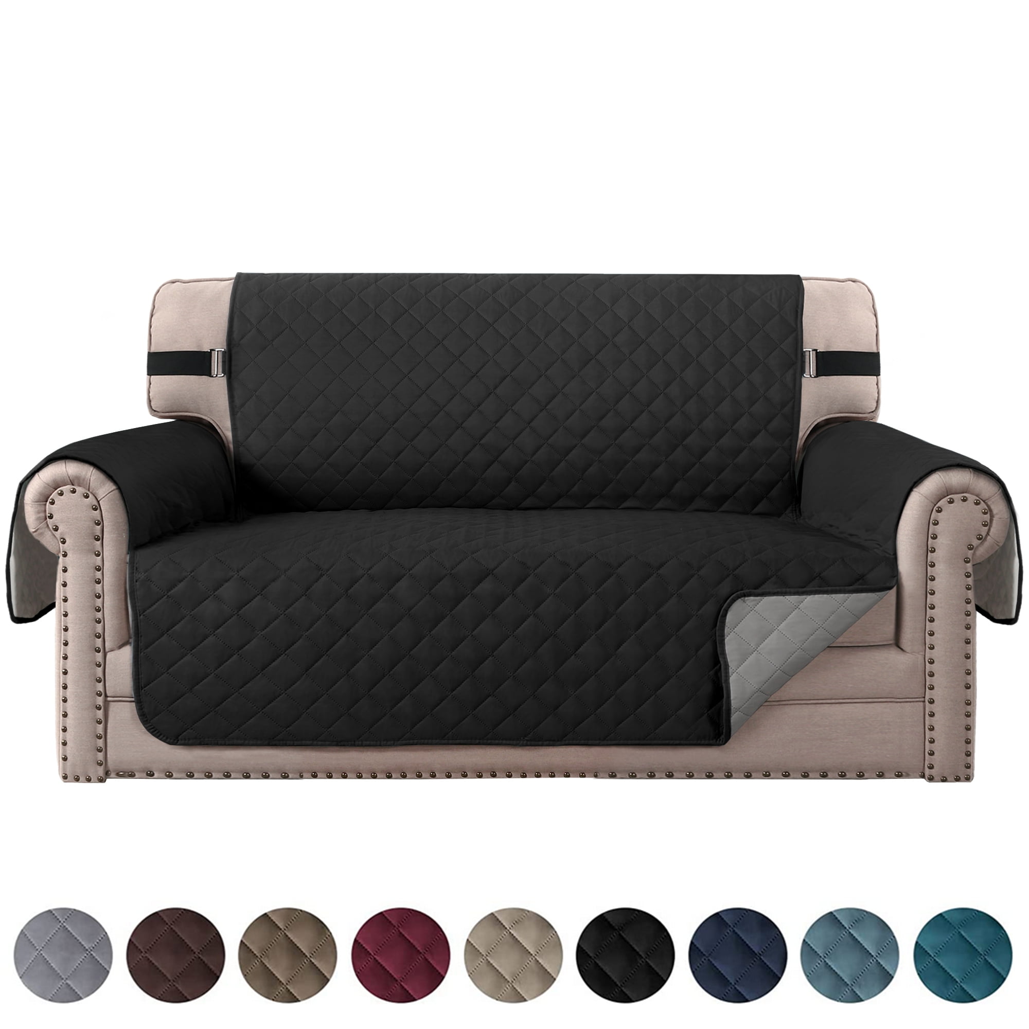 SHANNA Sofa Covers for Loveseat, Water Repellent Reversible Quilted Sofa Slipcovers, Non Slip Sofa Covers 2 Seater, Furniture Protector with Elastic Strap for Pets Kids Dog Cat, Black, 2-Seater