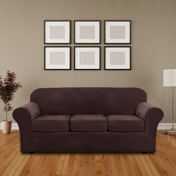 SHANNA Sofa Covers Stretch Velvet Couch Covers with Seperate Seat Cushion Covers, Armchair /Loveseat / Sofa Slipcovers (Dark Brown, Sofa Cover)