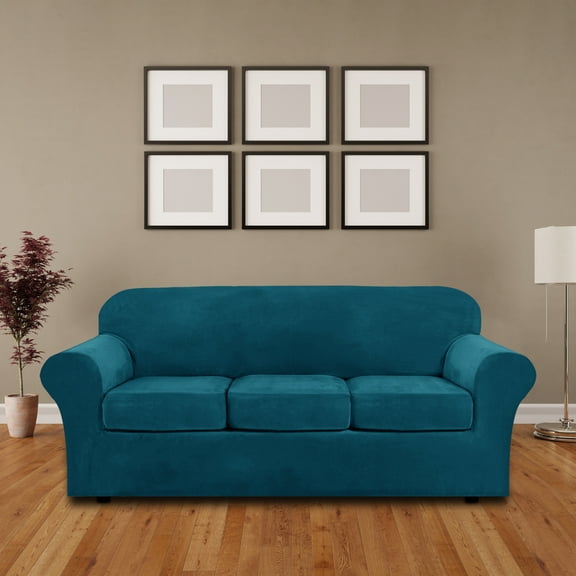 SHANNA Sofa Covers Stretch Velvet Couch Covers with Seperate Seat Cushion Covers, Armchair /Loveseat / Sofa Slipcovers (Dark Green, Sofa Cover)