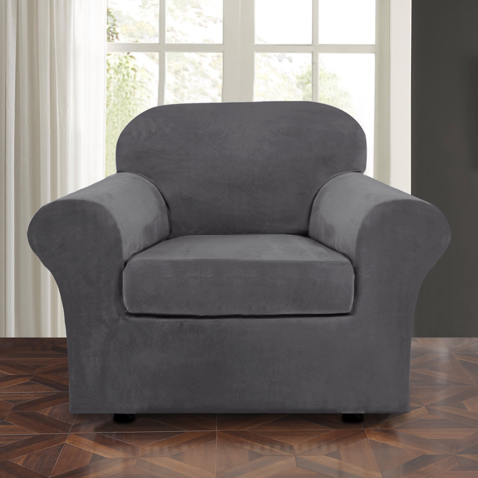 SHANNA Sofa Covers Stretch Velvet Couch Covers with Seperate Seat Cushion Covers, Armchair /Loveseat / Sofa Slipcovers (Gray, Armchair Cover)