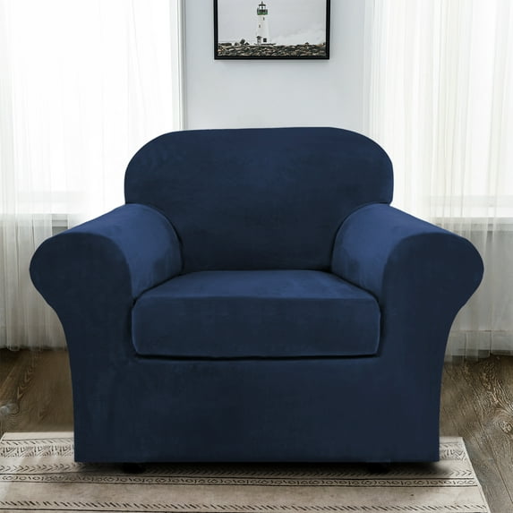 SHANNA Sofa Covers Stretch Velvet Couch Covers with Seperate Seat Cushion Covers, Armchair /Loveseat / Sofa Slipcovers (Navy Blue, Armchair Cover)