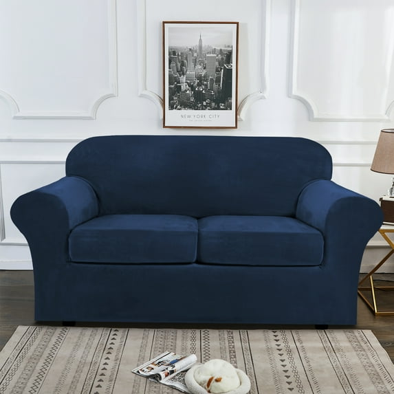 SHANNA Sofa Covers Stretch Velvet Couch Covers with Seperate Seat Cushion Covers, Armchair /Loveseat / Sofa Slipcovers (Navy Blue, Loveseat Cover)