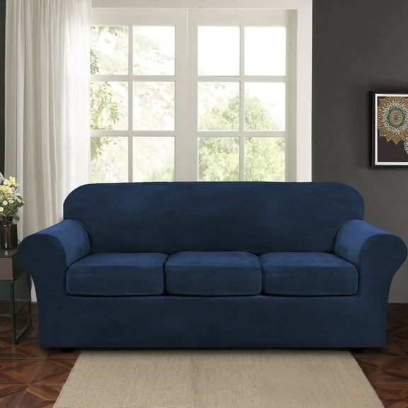 SHANNA Sofa Covers Stretch Velvet Couch Covers with Seperate Seat Cushion Covers, Armchair /Loveseat / Sofa Slipcovers (Navy Blue, Sofa Cover)